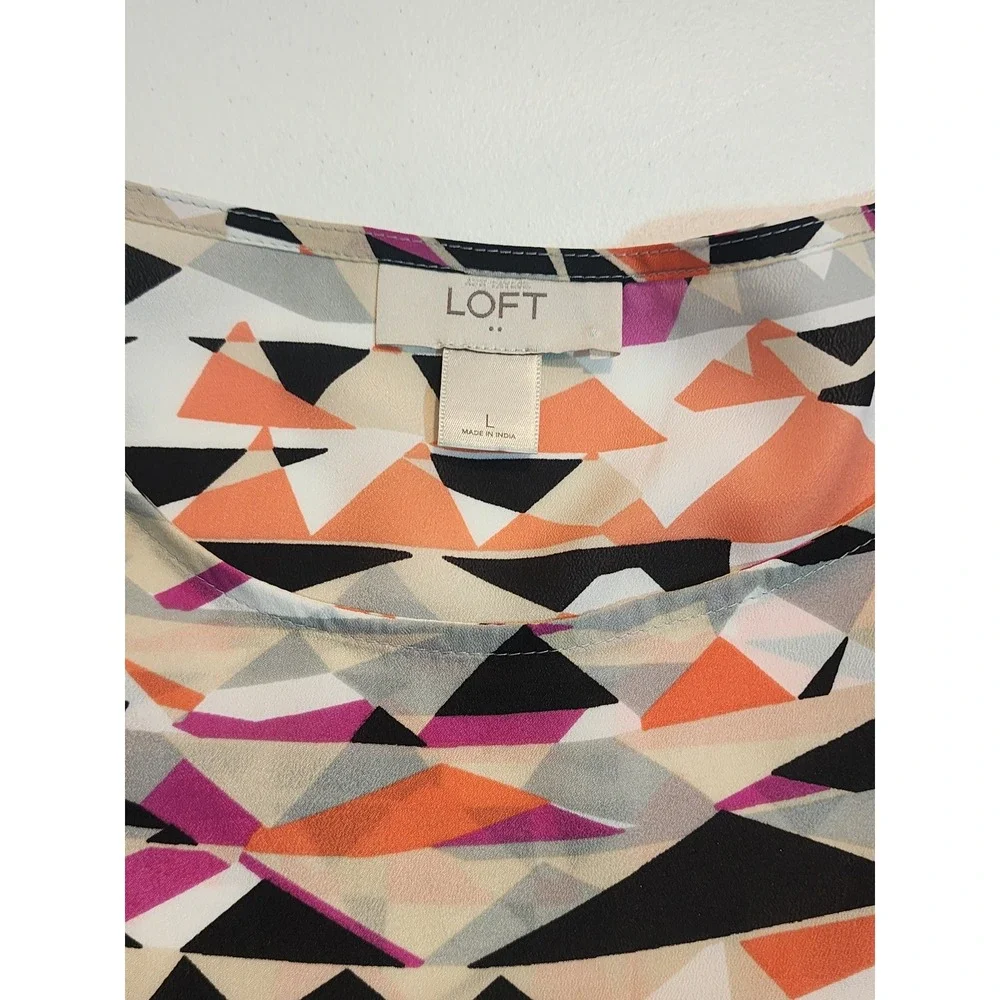 LOFT Geometric Triangle Print Puff Sleeve Blouse Orange Pink Black Large